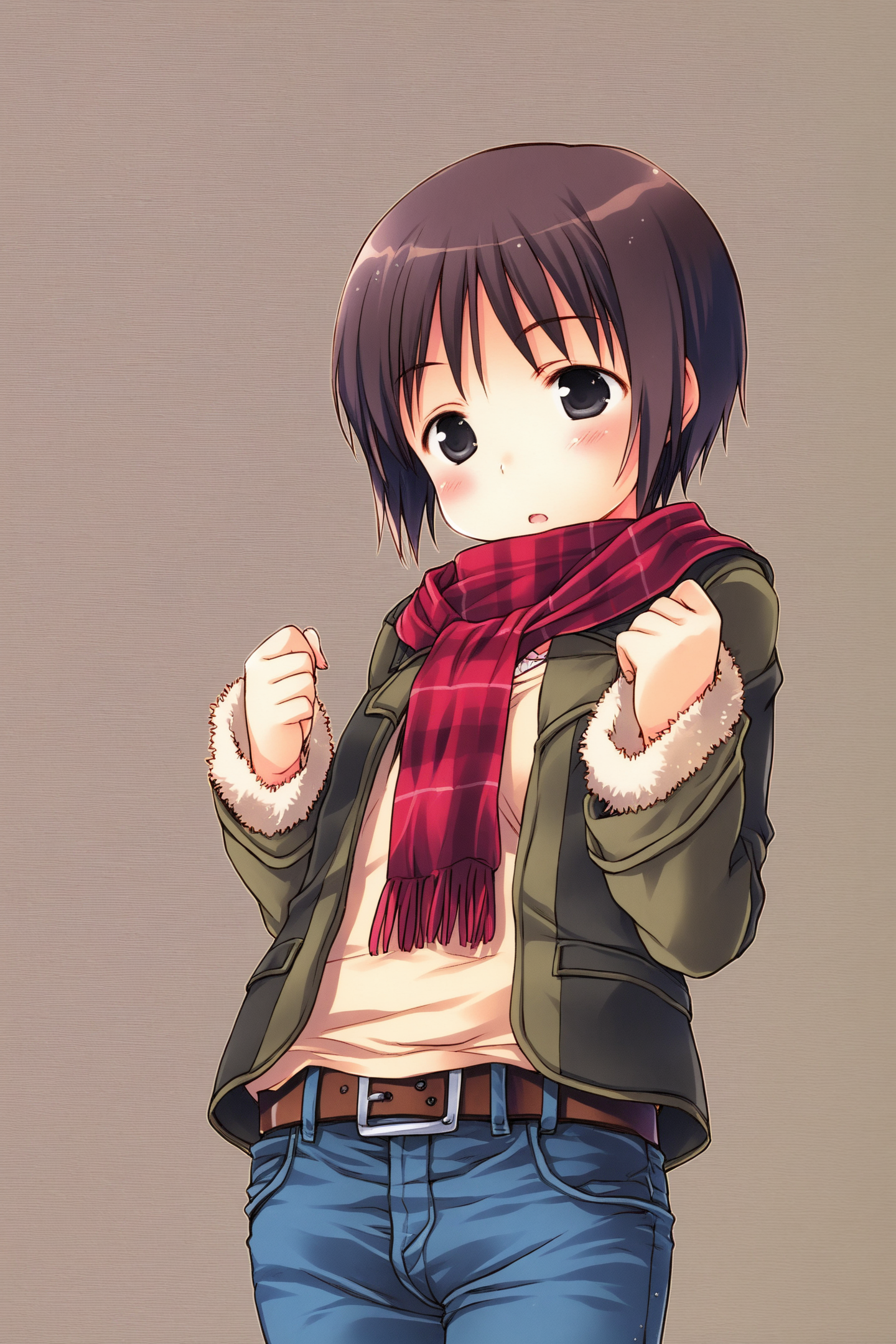37401-4237904255-Nobue Itou,1girl,solo,brown hair,scarf,short hair,belt,black eyes,standing,jeans,__lora_Ichigo Mashimaro_illustriousXL_0.8_,.png